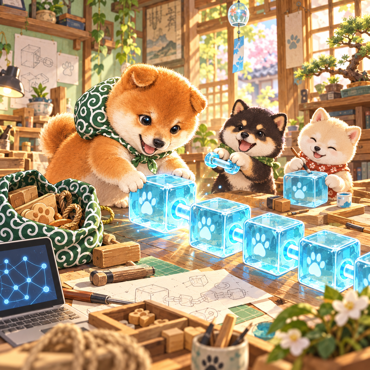 Mamesuke with his green patterned bundle, building blue blockchain blocks with Shiba community helpers in a Japanese workshop